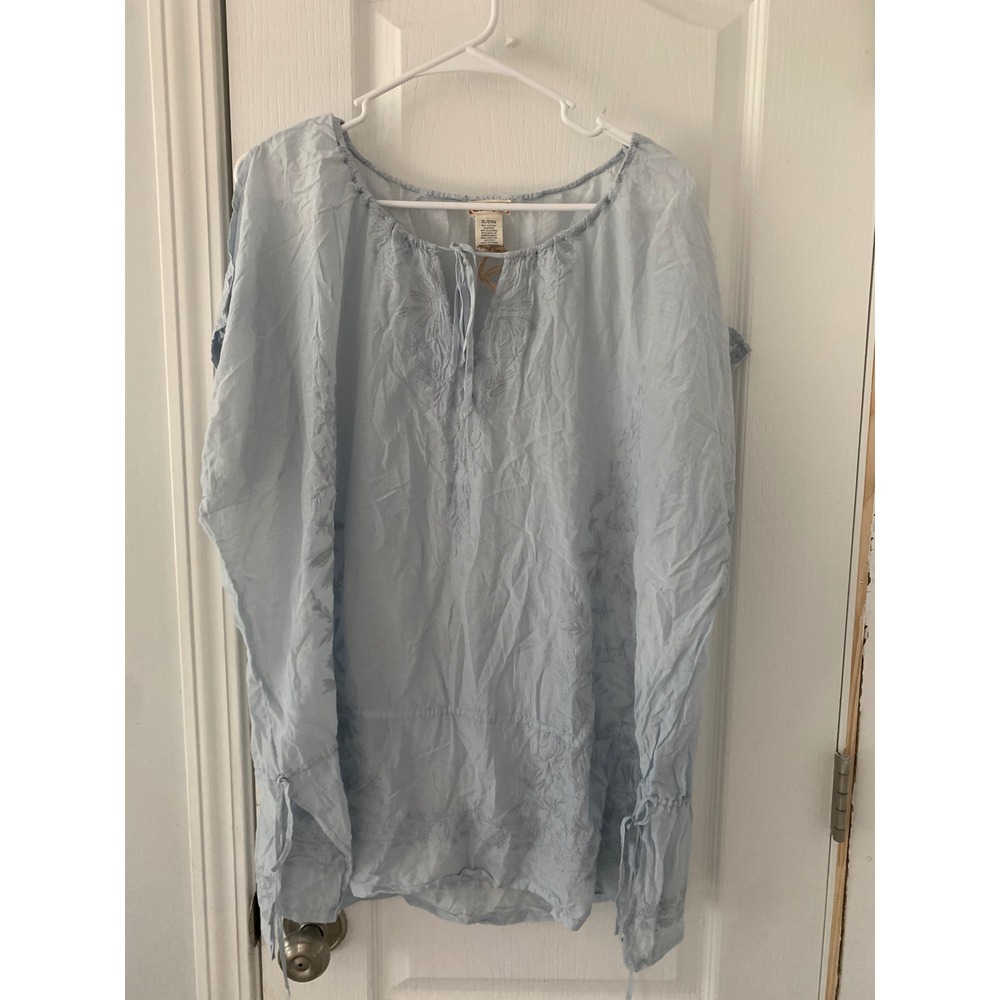 Polo Jeans Co Light Blue Cotton Silk Embroidered Tunic Top XL Tie Neck Boho